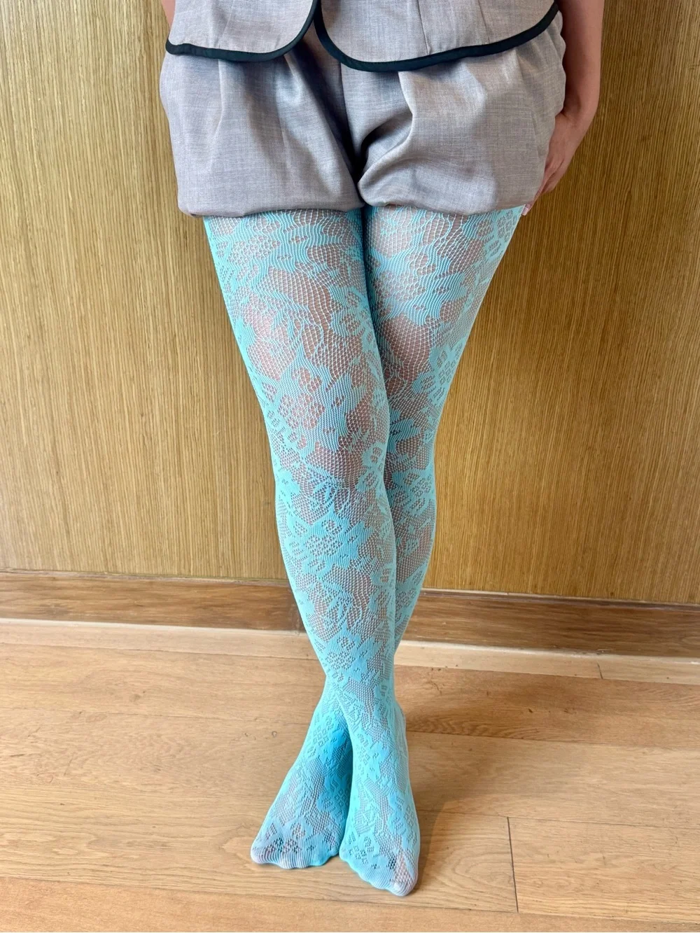 Elegant Lace Pattern Teal Blue Tights